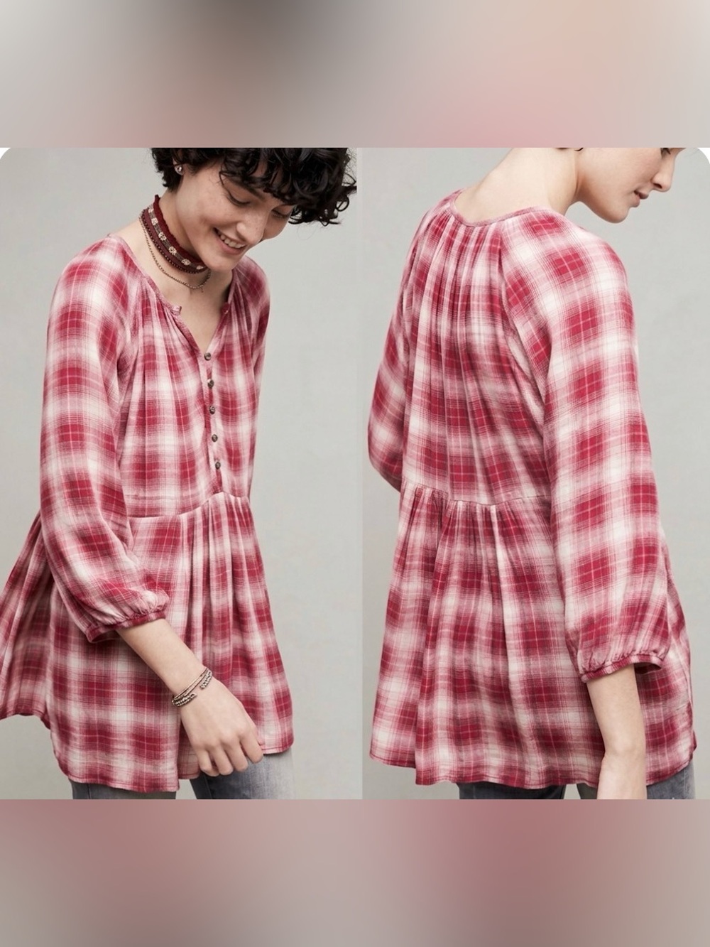 Maeve by Anthropologie- Calavon Peplum in a Magenta & Off-white  Plaid Blouse